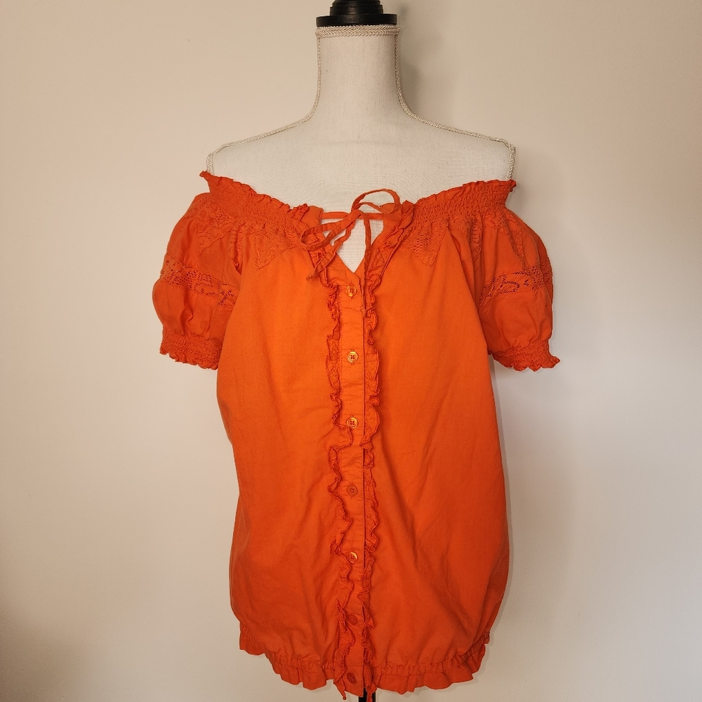 Caribbean Joe 100% cotton women's large feminine boho button blouse